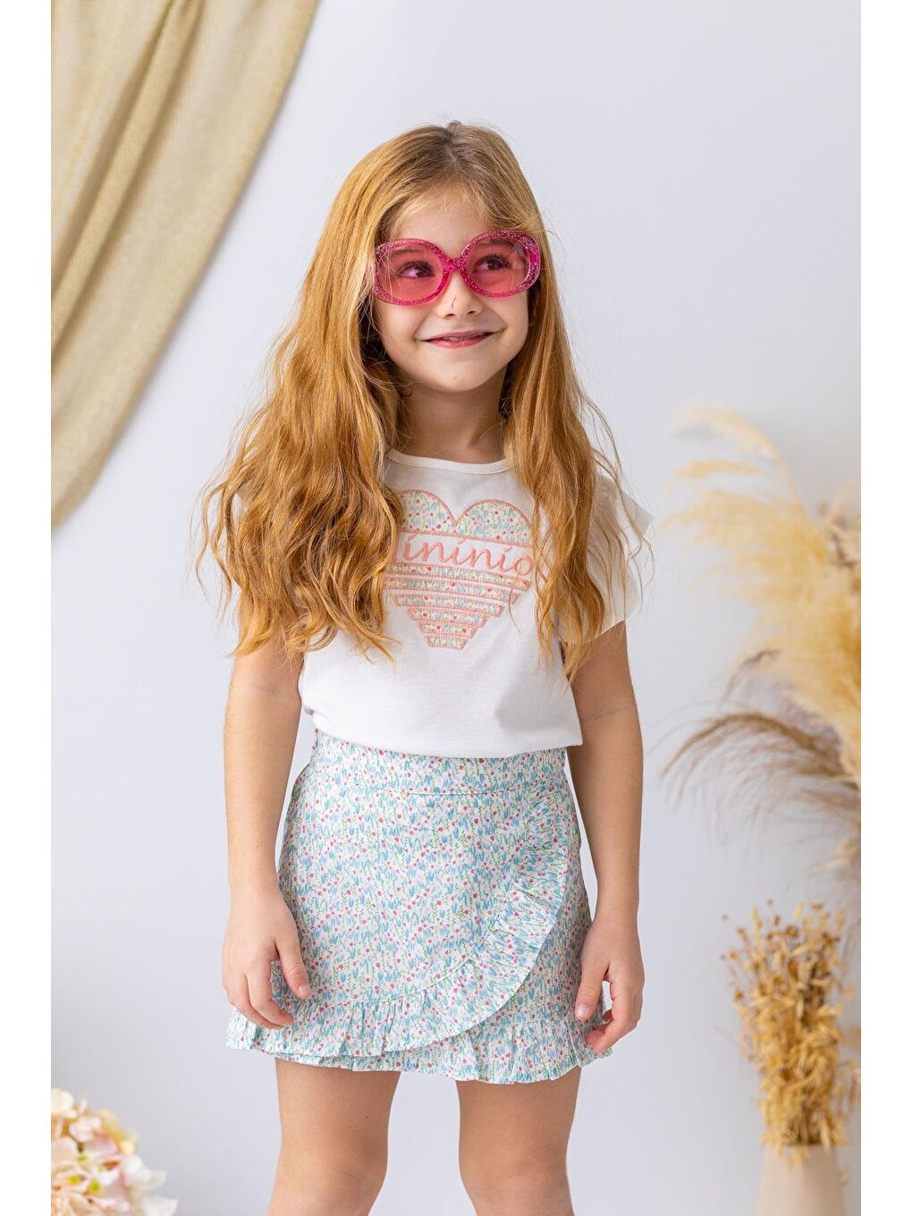 Kız Çocuk Kalp Nakışlı T-Shirt - Ekru-1