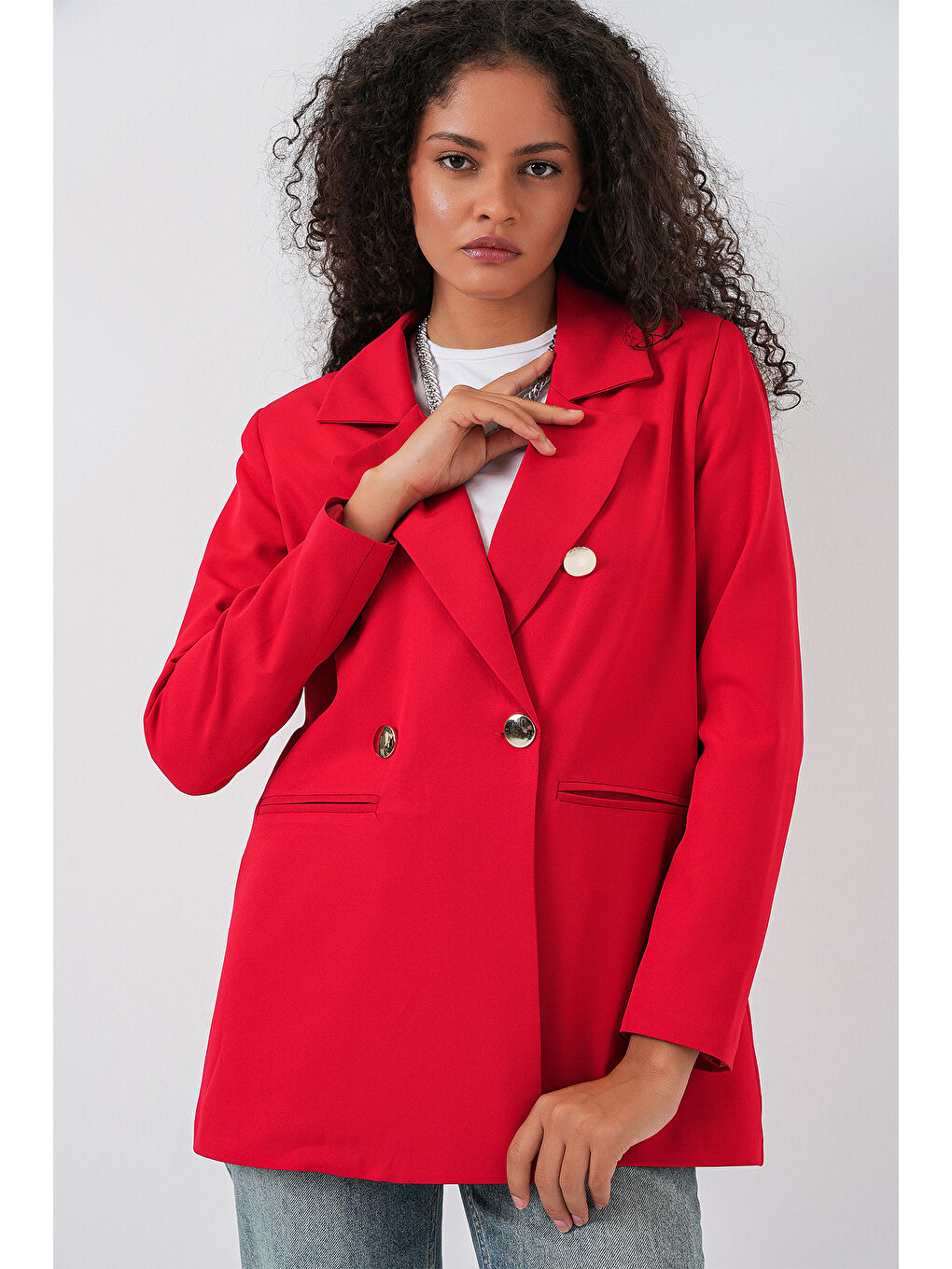 Kadın Kruvaze Yaka Blazer Ceket 0722 - Kırmızı