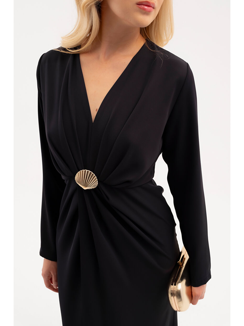 Kadın Lacivert İstiridye Aksesuarlı Uzun Kol Elbise-4