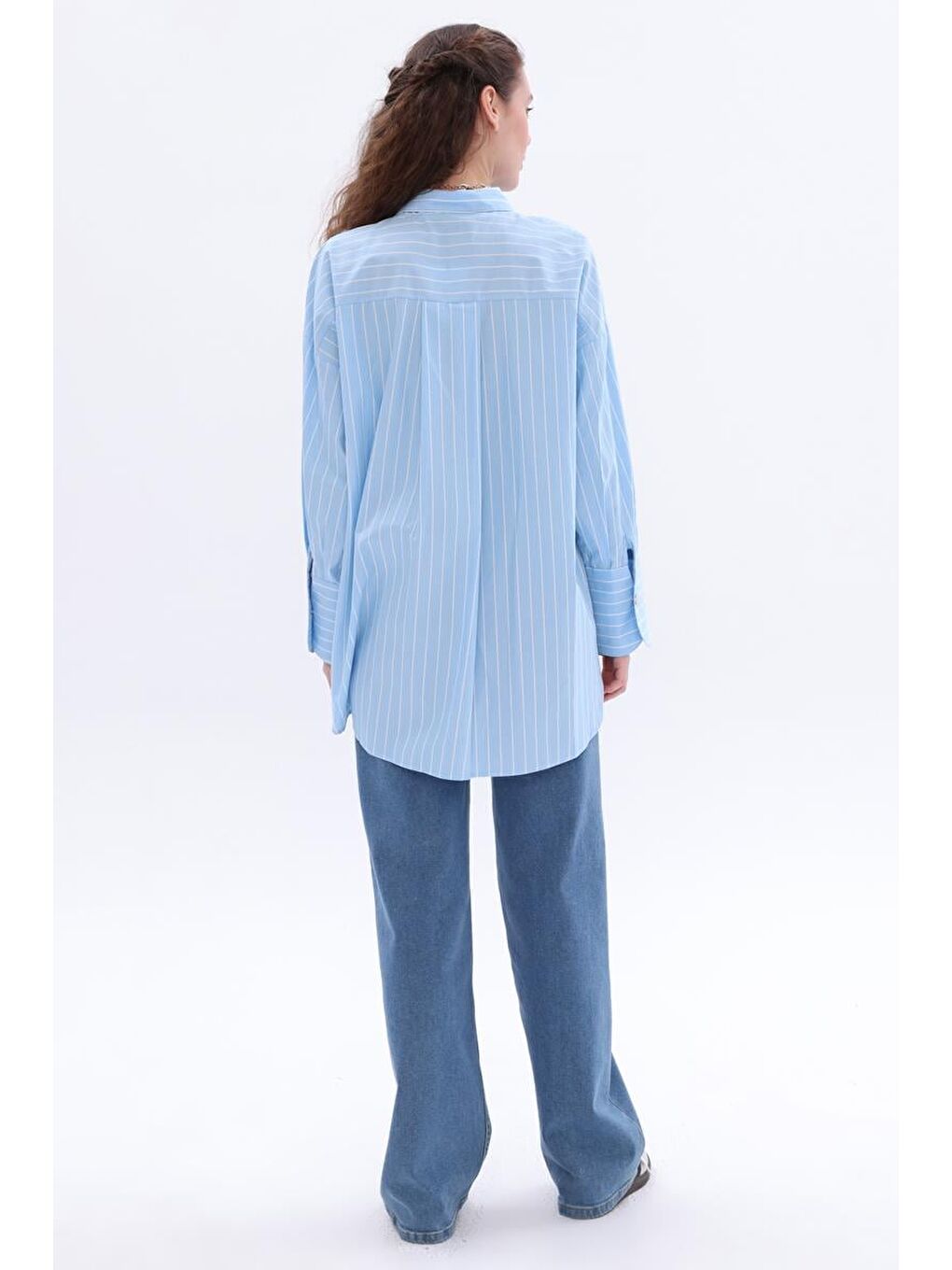 Mavi-Beyaz-%100 Pamuklu Çizgili Gömlek Tunik-2