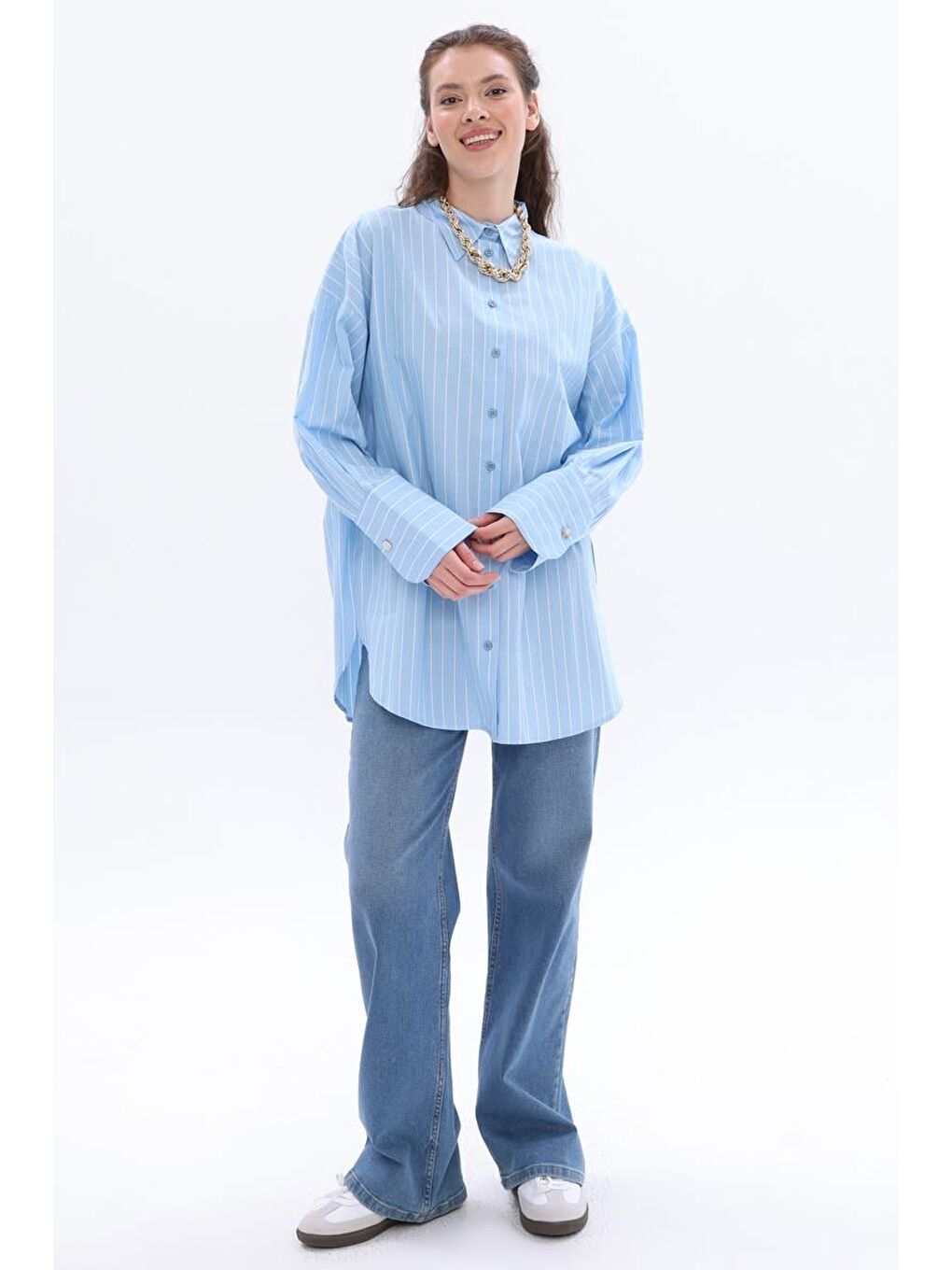 Mavi-Beyaz-%100 Pamuklu Çizgili Gömlek Tunik-3