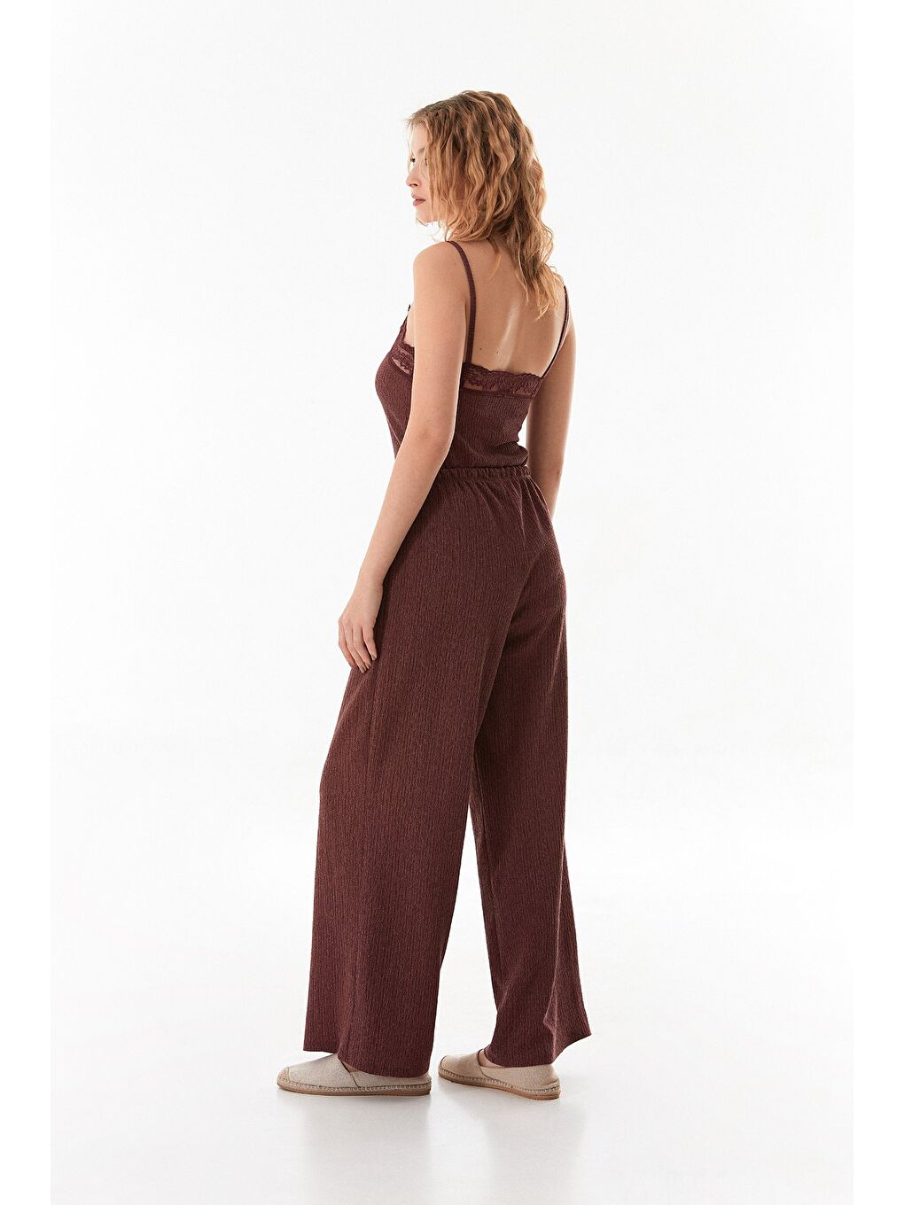 Mürdüm Beli Lastikli Bürümcük Kumaş Palazzo Pantolon-4