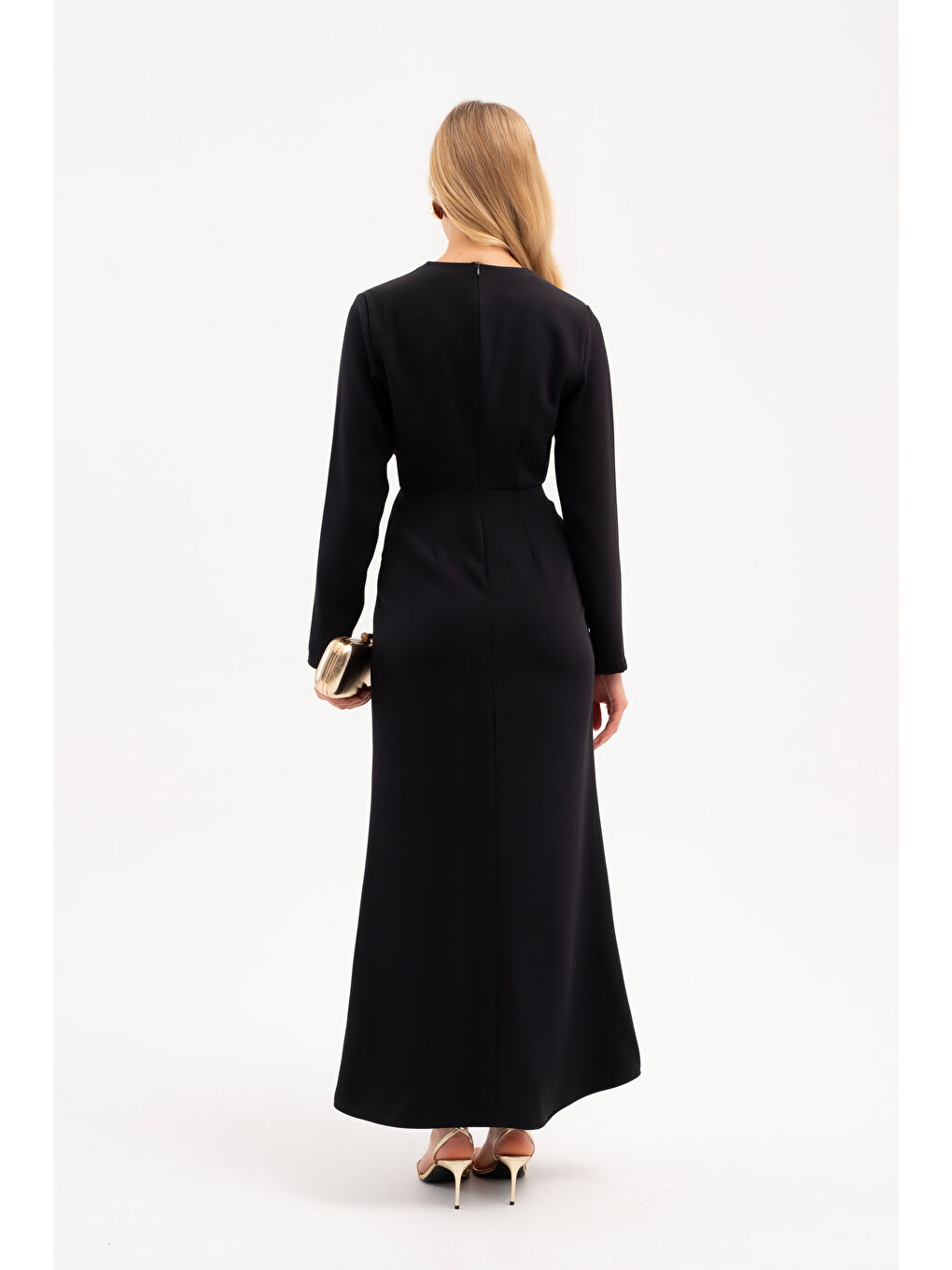 Kadın Lacivert İstiridye Aksesuarlı Uzun Kol Elbise-5