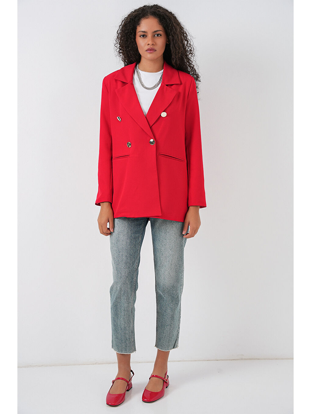 Kadın Kruvaze Yaka Blazer Ceket 0722 - Kırmızı-1