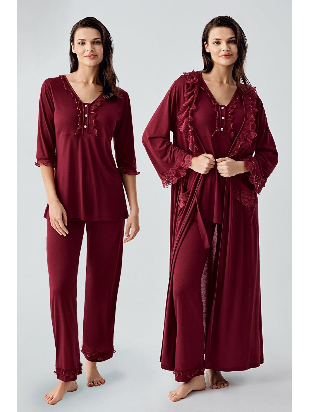 Bordo Uzun Kollu Dantelli Düğmeli Esnek Viskoz Sabahlık Pijama Takım 17304