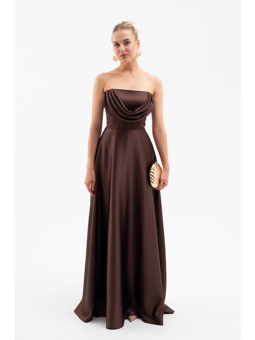 Kadın Kahverengi Degaje Yaka Uzun Straplez Abiye-1