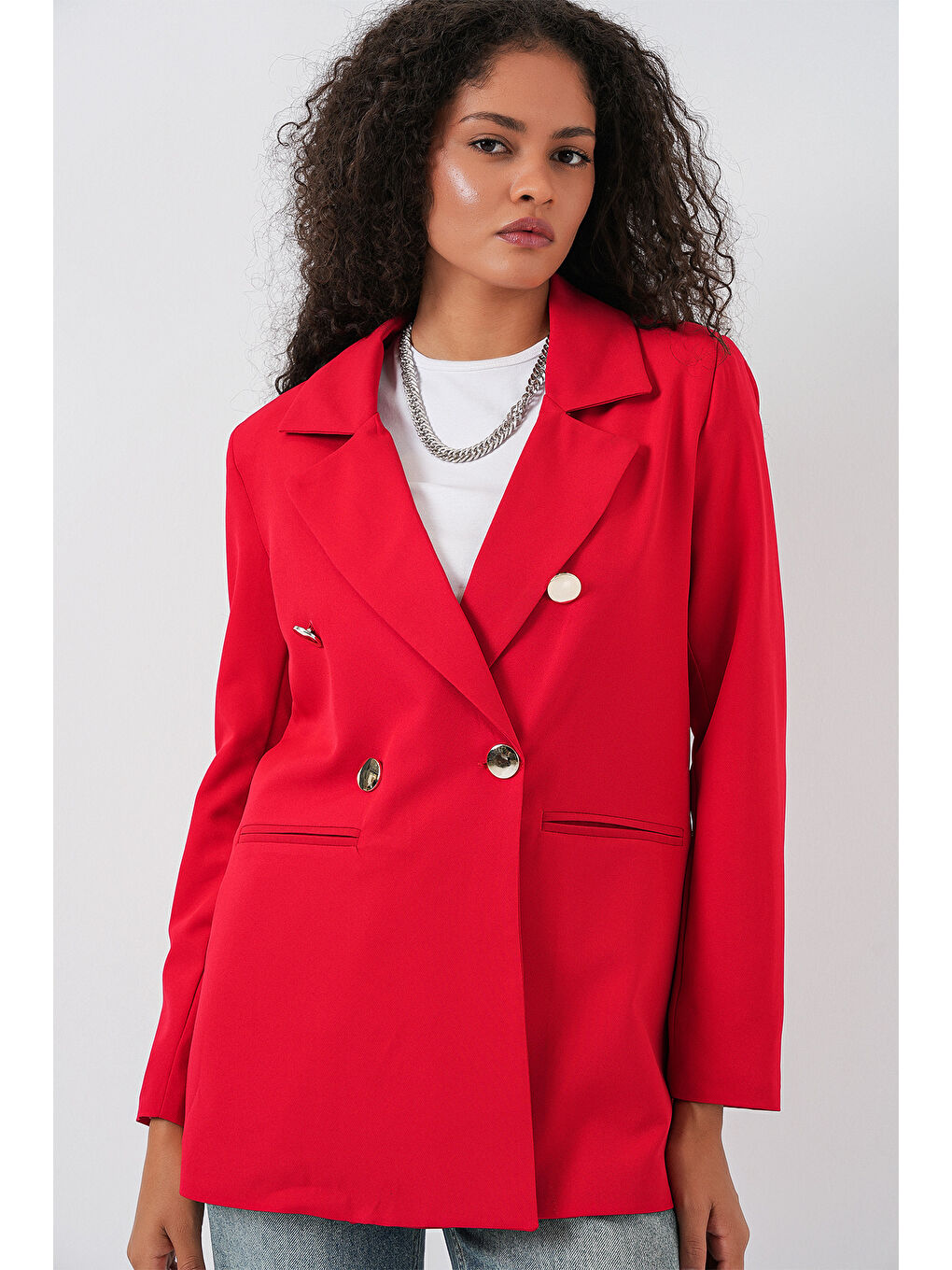 Kadın Kruvaze Yaka Blazer Ceket 0722 - Kırmızı-2