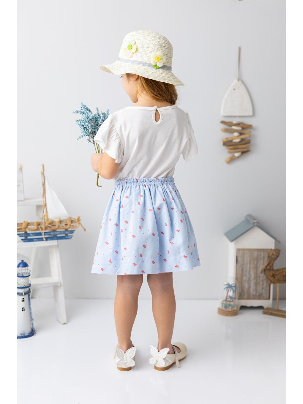 Kız Çocuk Kalp Nakışlı T-Shirt - Ekru-1