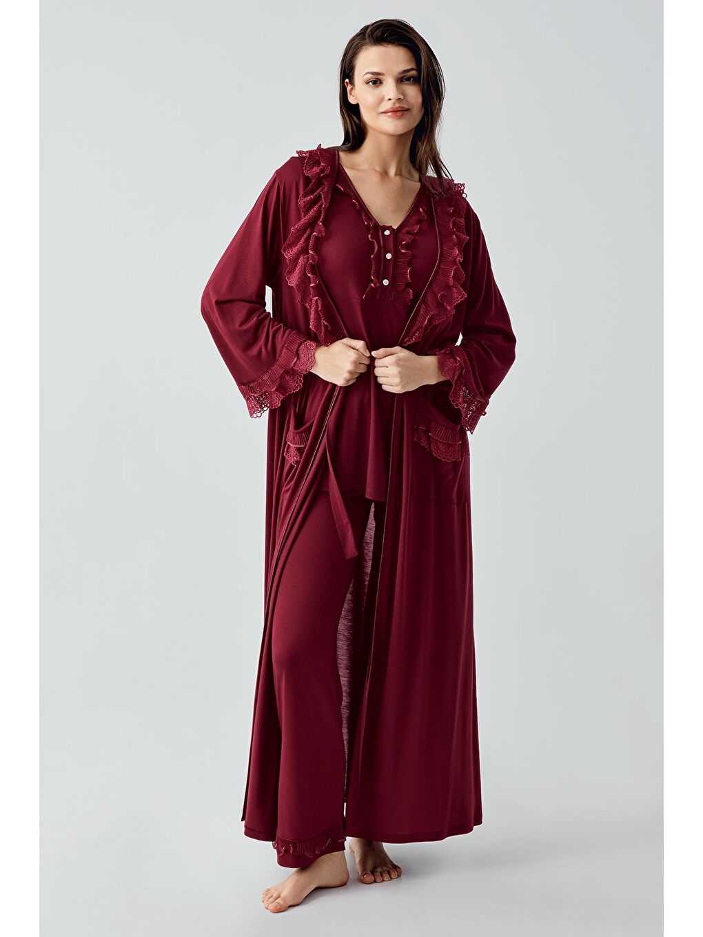 Bordo Uzun Kollu Dantelli Düğmeli Esnek Viskoz Sabahlık Pijama Takım 17304-1