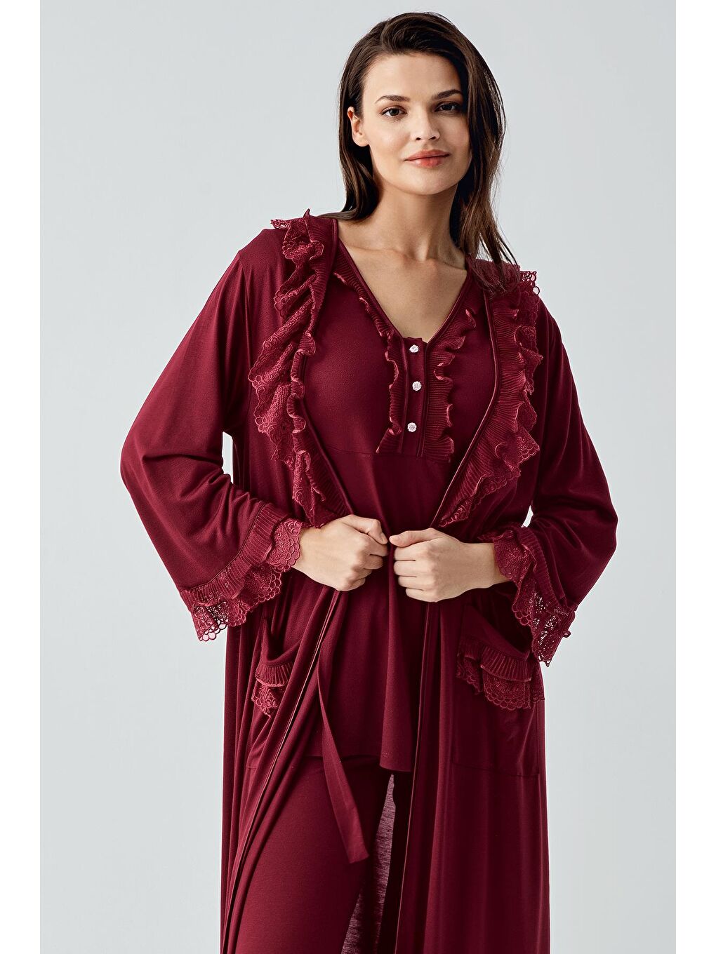 Bordo Uzun Kollu Dantelli Düğmeli Esnek Viskoz Sabahlık Pijama Takım 17304-2