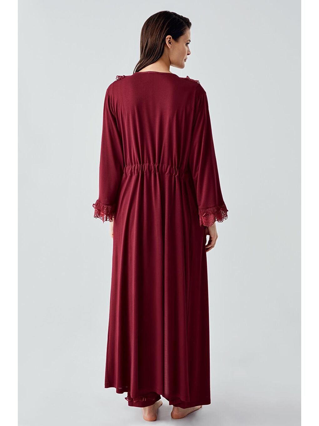Bordo Uzun Kollu Dantelli Düğmeli Esnek Viskoz Sabahlık Pijama Takım 17304-3