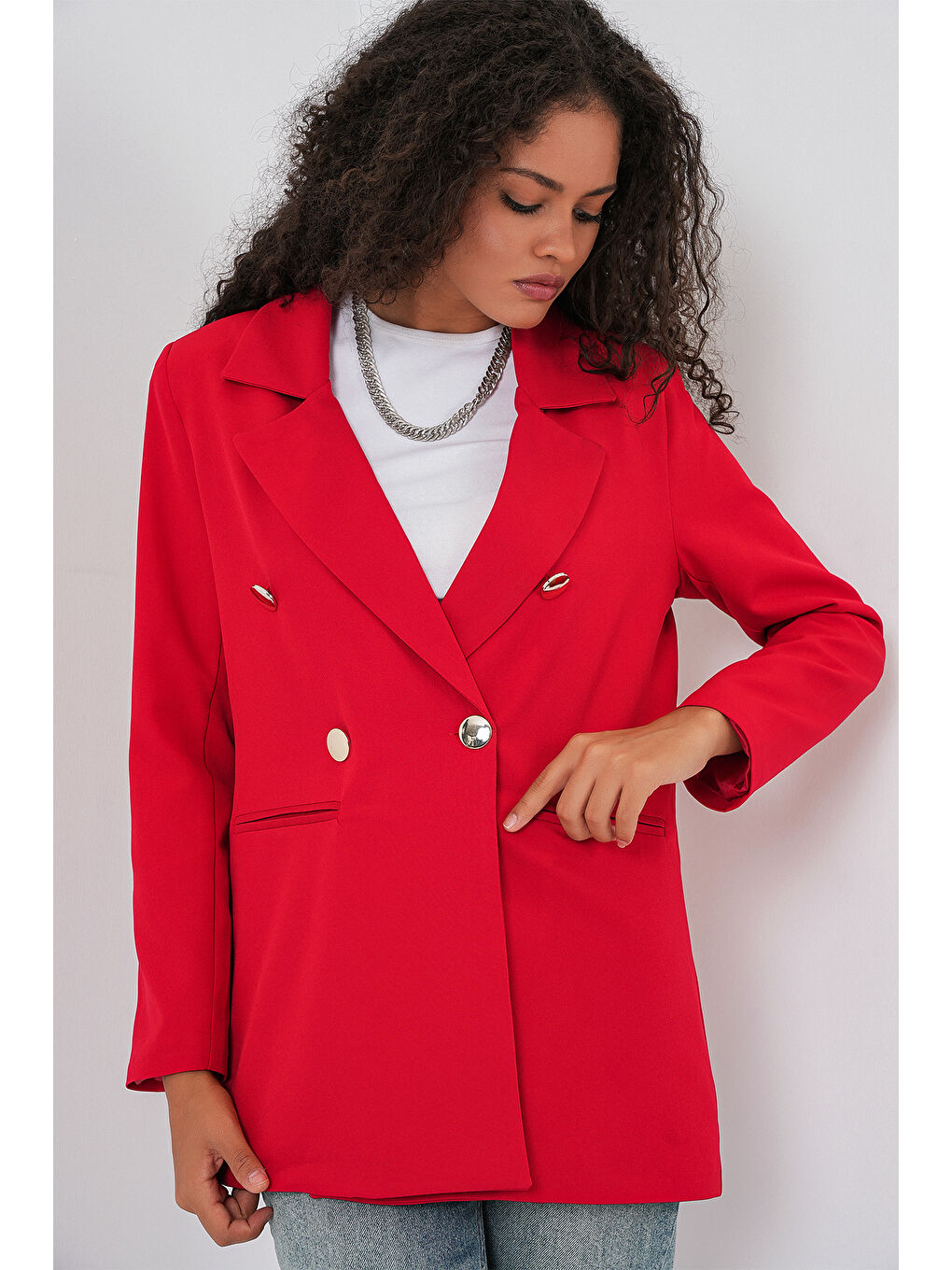 Kadın Kruvaze Yaka Blazer Ceket 0722 - Kırmızı-3