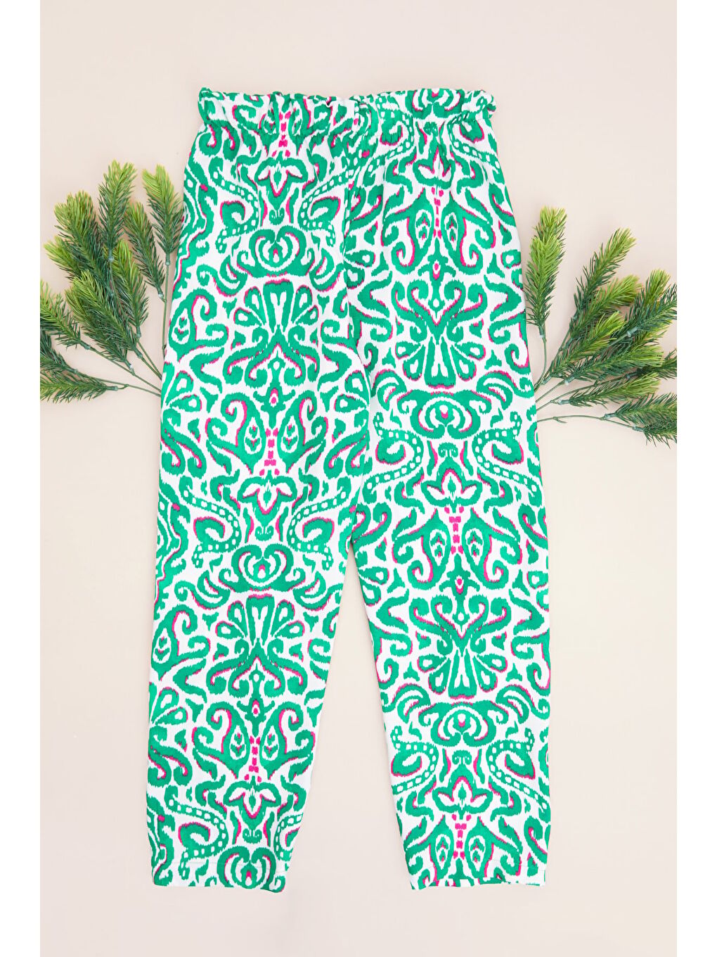 Ekru Desenli Beli Lastikli Kız Çocuk Pantolon