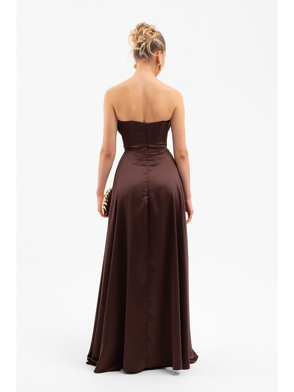 Kadın Kahverengi Degaje Yaka Uzun Straplez Abiye-5