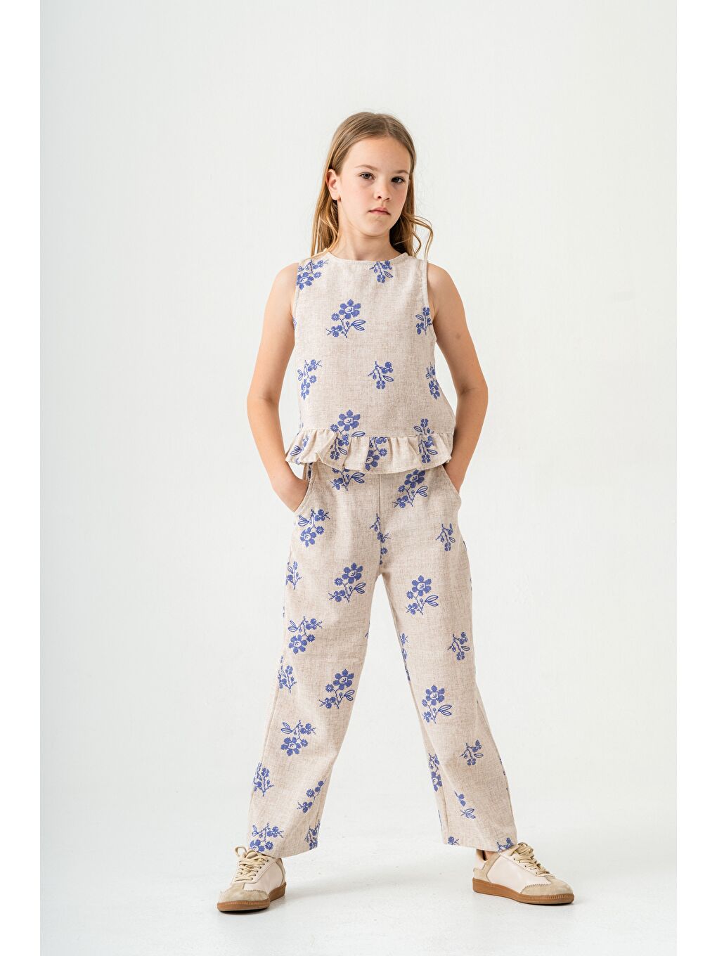 Gri Kız Çocuk Kolsuz Keten Takım 2-9 Yaş