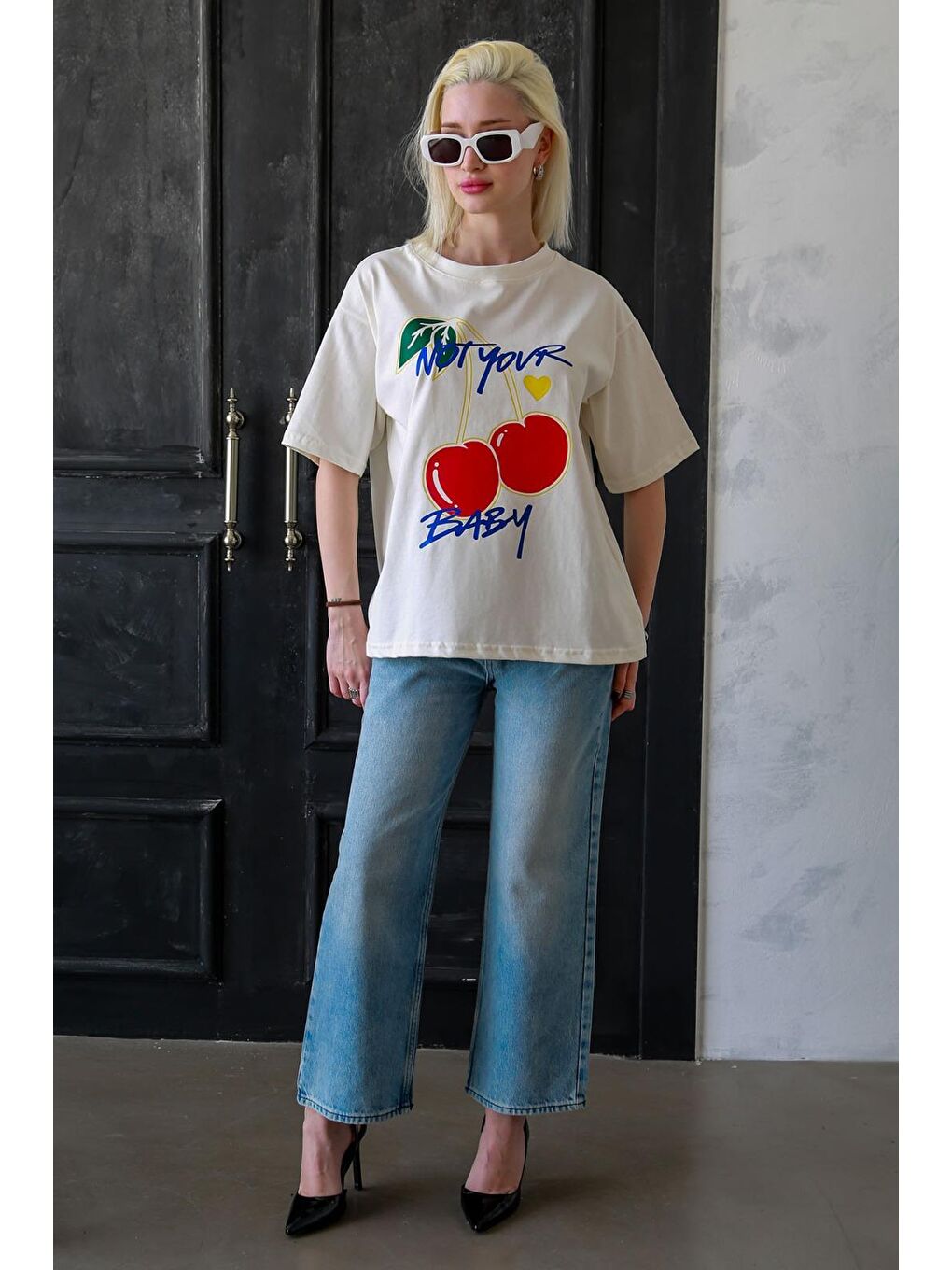 Ekru %100 Pamuklu Baskılı Kadın Tişört Mg2380-1