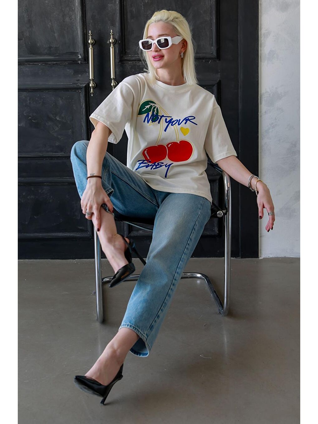 Ekru %100 Pamuklu Baskılı Kadın Tişört Mg2380-2