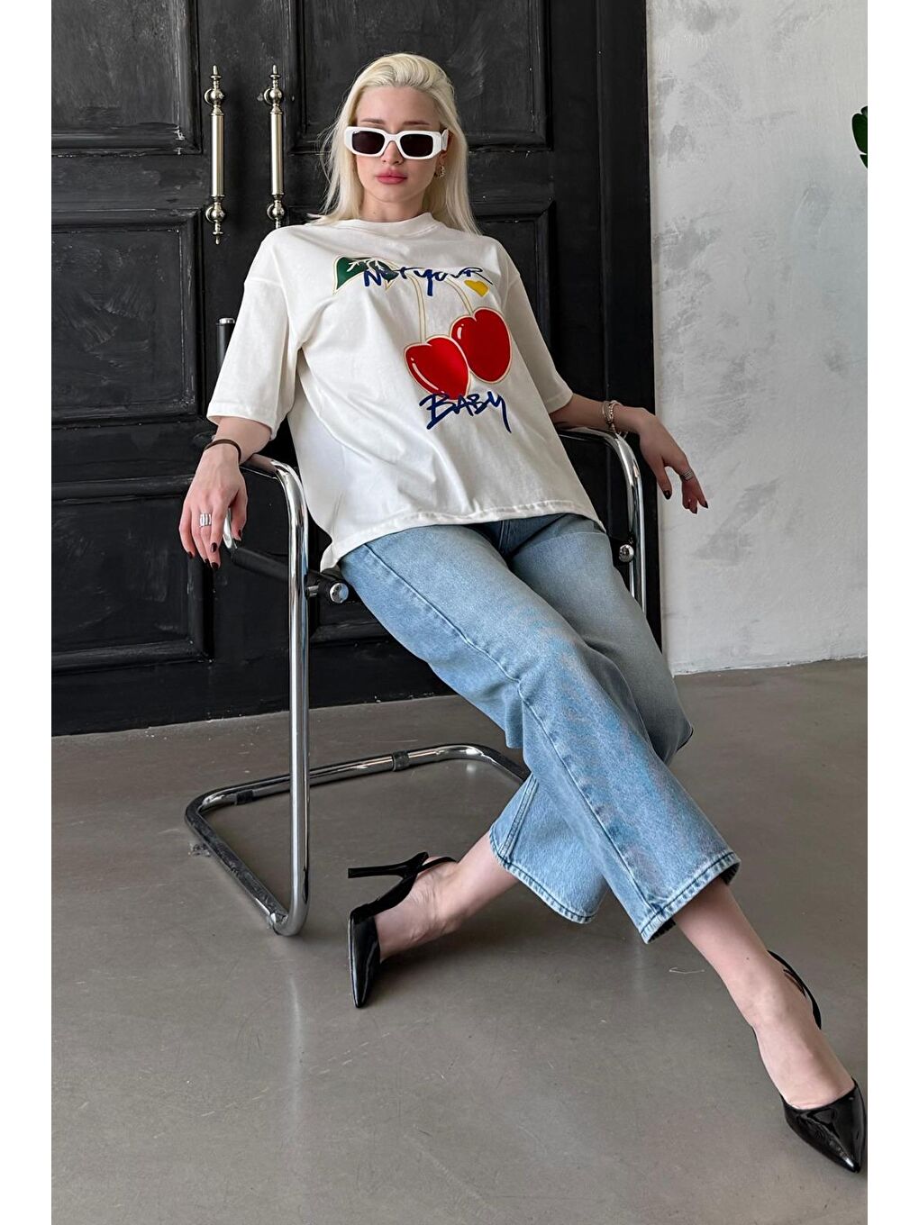 Ekru %100 Pamuklu Baskılı Kadın Tişört Mg2380-3