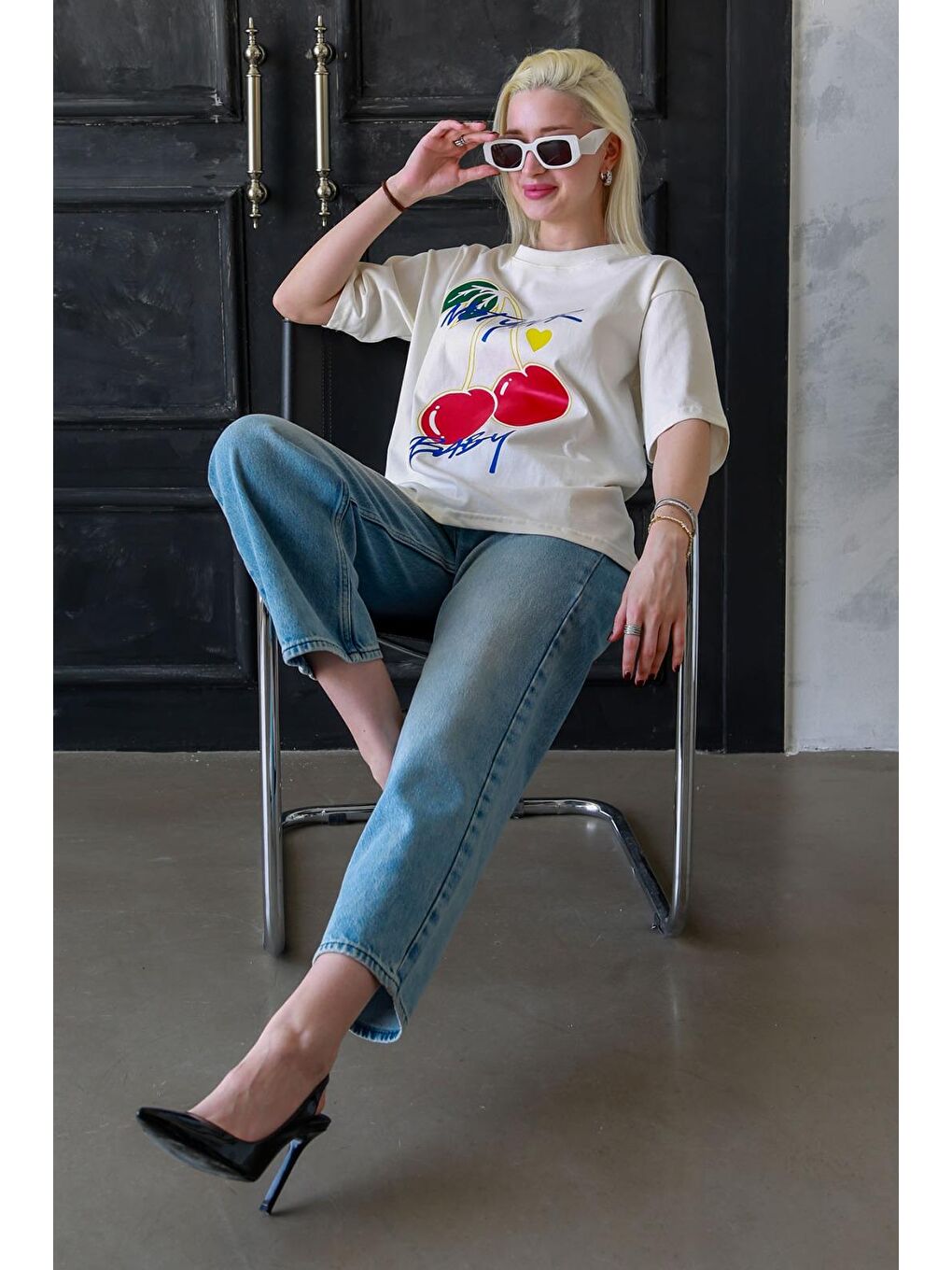 Ekru %100 Pamuklu Baskılı Kadın Tişört Mg2380-4