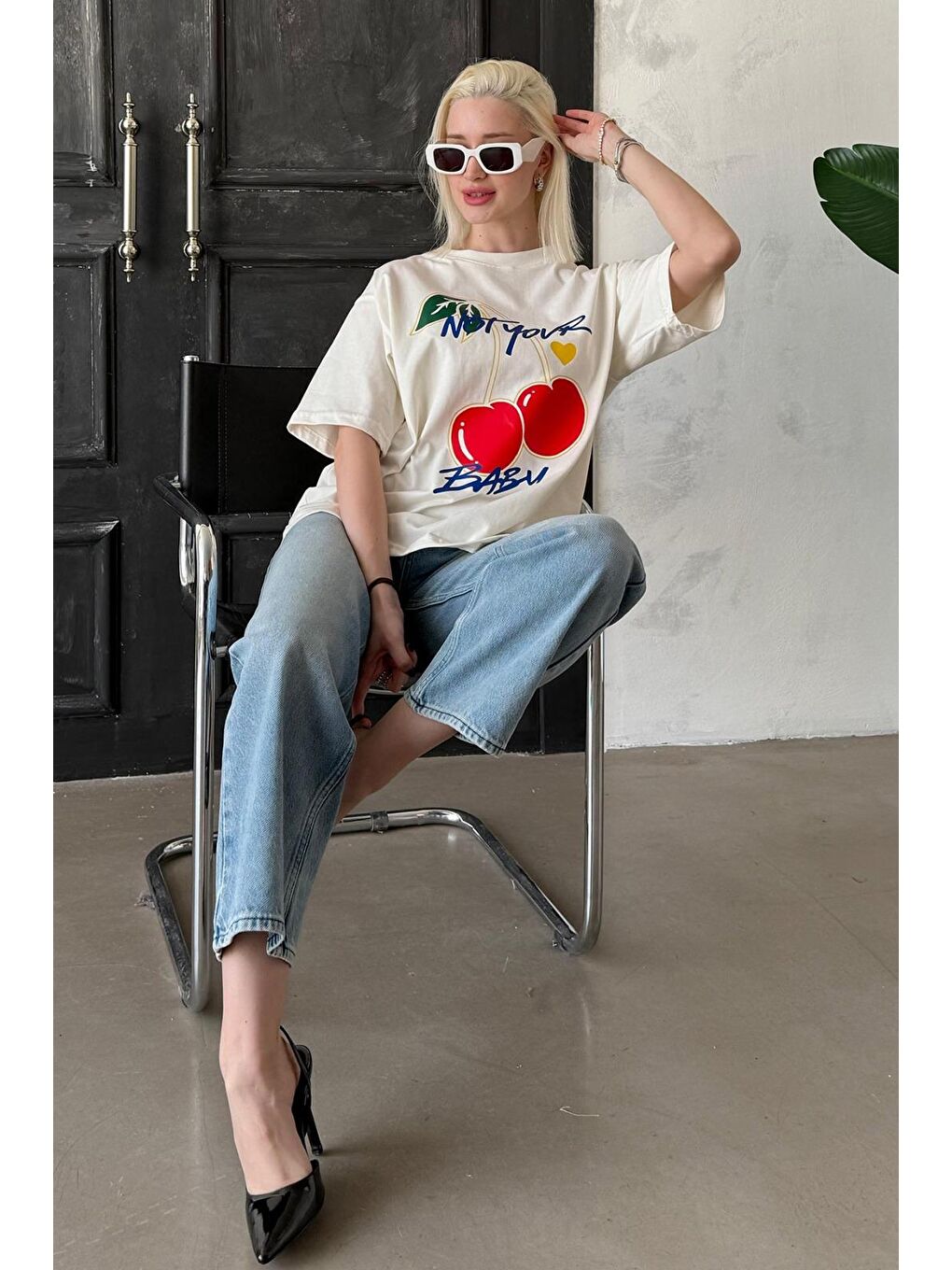 Ekru %100 Pamuklu Baskılı Kadın Tişört Mg2380-5