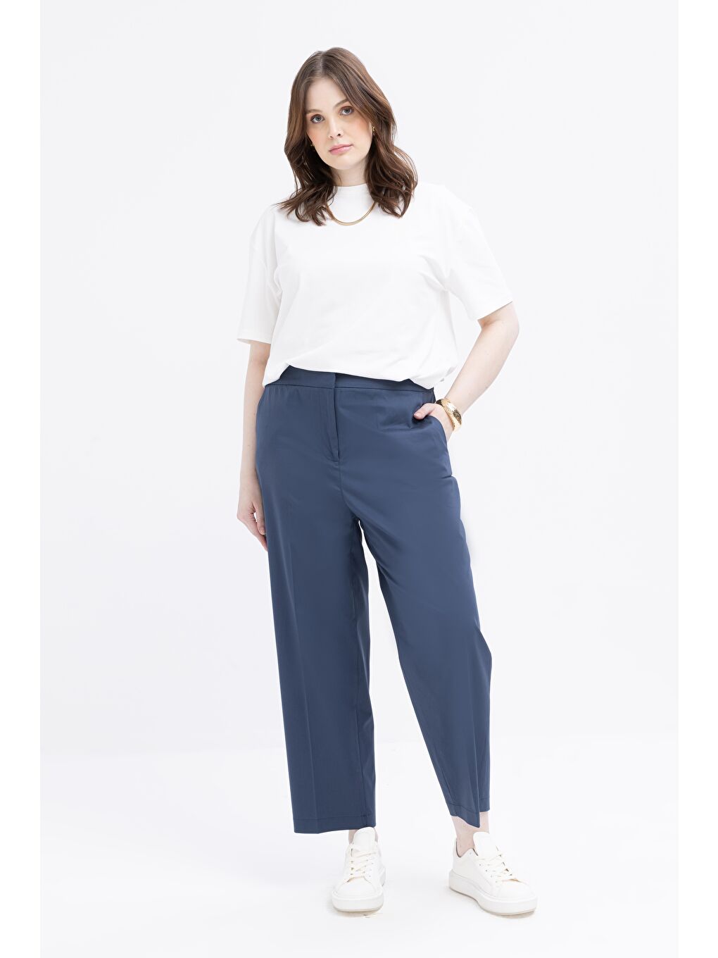 Antrasit İndigo-Beli Lastikli Büyük Beden Elastanlı Havuç Pantolon