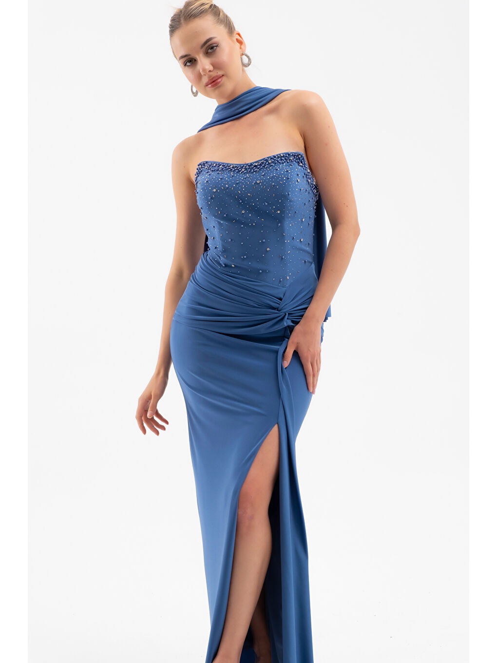 Kadın İndigo Şal Yaka Taşlı Düğüm Detay Uzun Abiye Elbise-2