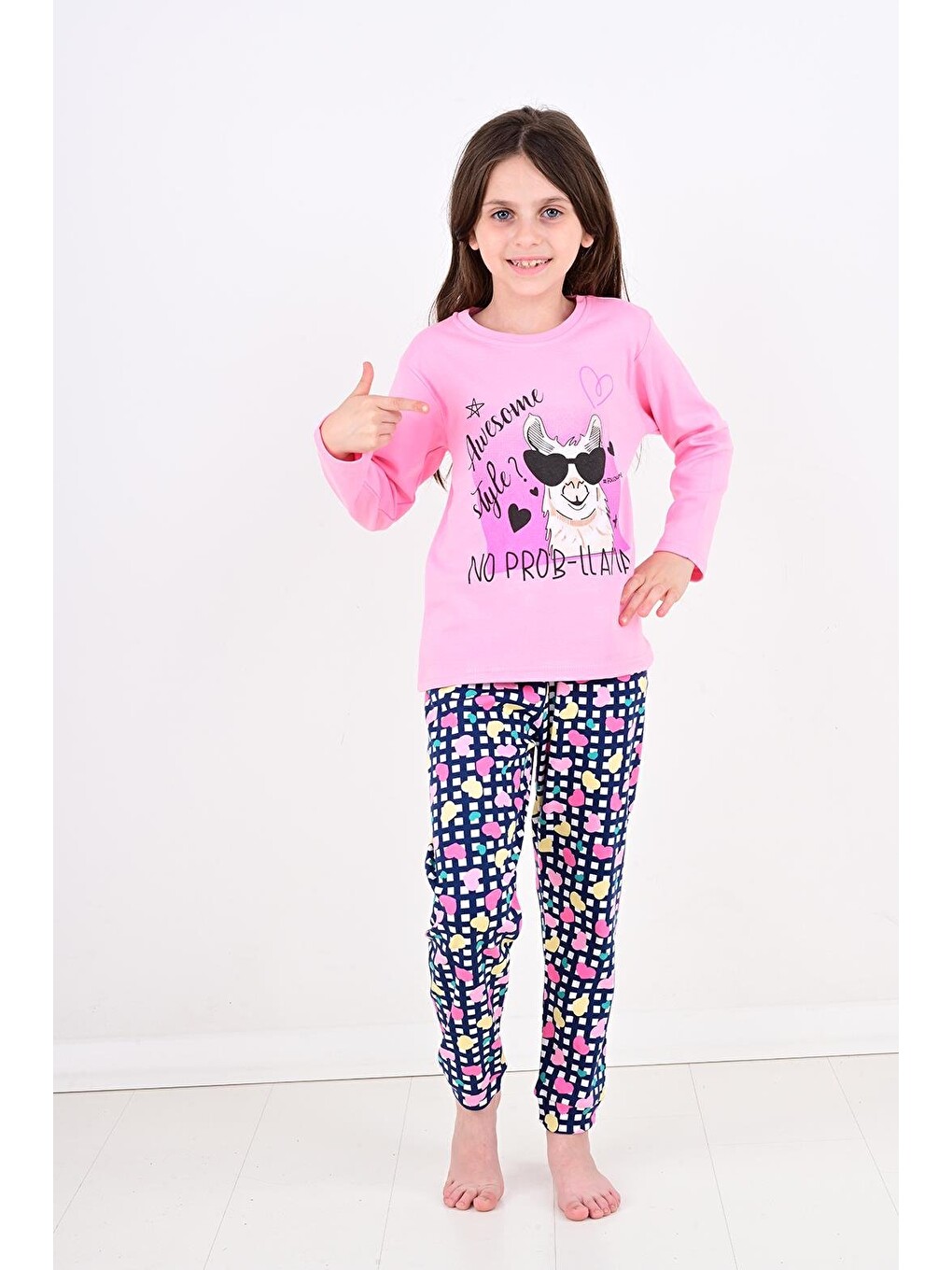 Pembe Uzun Kollu Kız Çocuk Pijama Takımı No Prob Lama