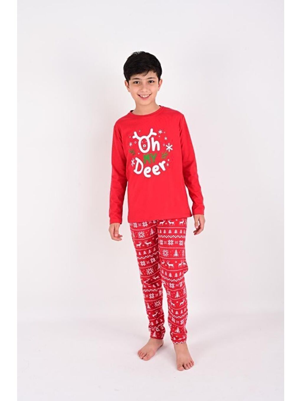 Kırmızı Kız / Erkek Çocuk Yılbaşı Geyik Desen Uzun Kollu %100 Pamuklu Pijama Takımı