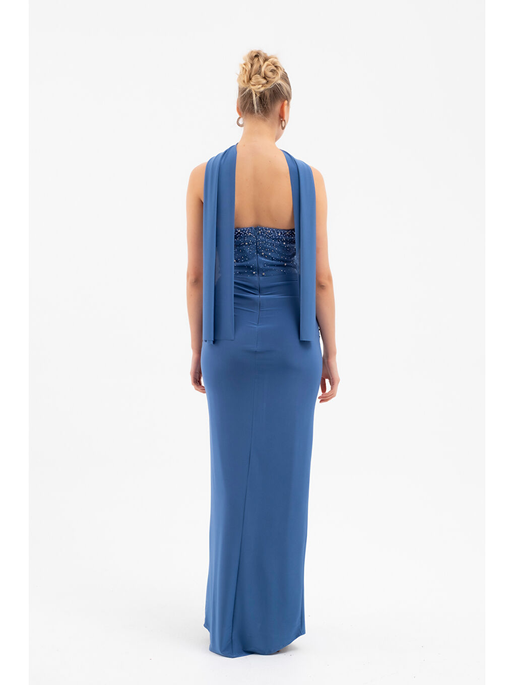 Kadın İndigo Şal Yaka Taşlı Düğüm Detay Uzun Abiye Elbise-5