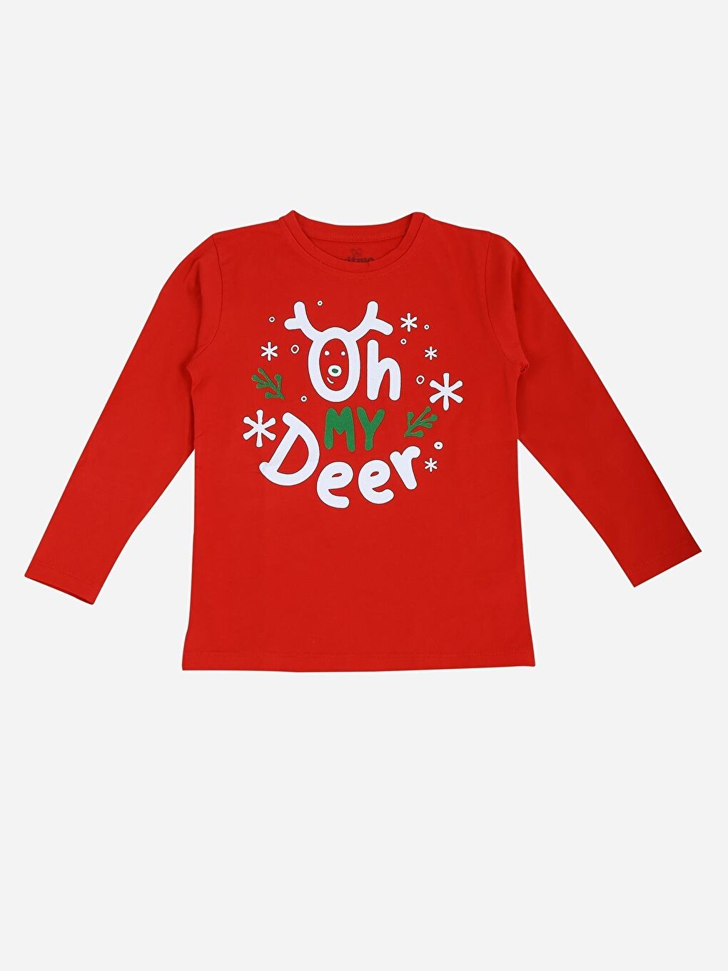 Kırmızı Kız / Erkek Çocuk Yılbaşı Geyik Desen Uzun Kollu %100 Pamuklu Pijama Takımı-1