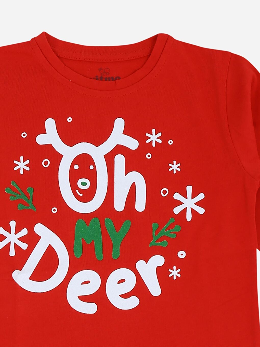 Kırmızı Kız / Erkek Çocuk Yılbaşı Geyik Desen Uzun Kollu %100 Pamuklu Pijama Takımı-2