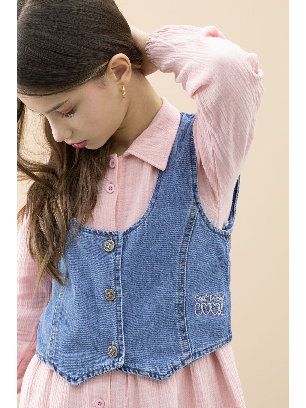 Pembe Jean Yelekli Uzun Kol Kız Çocuk 2li Müslin Elbise 20667-1