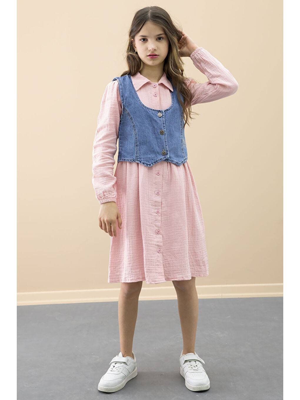 Pembe Jean Yelekli Uzun Kol Kız Çocuk 2li Müslin Elbise 20667-2