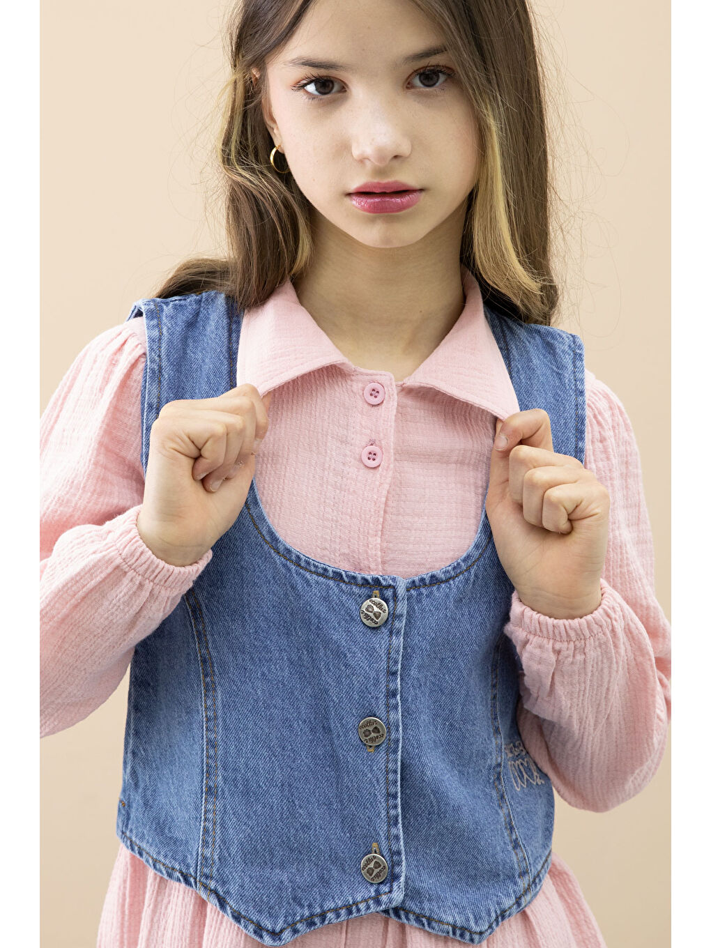 Pembe Jean Yelekli Uzun Kol Kız Çocuk 2li Müslin Elbise 20667-4