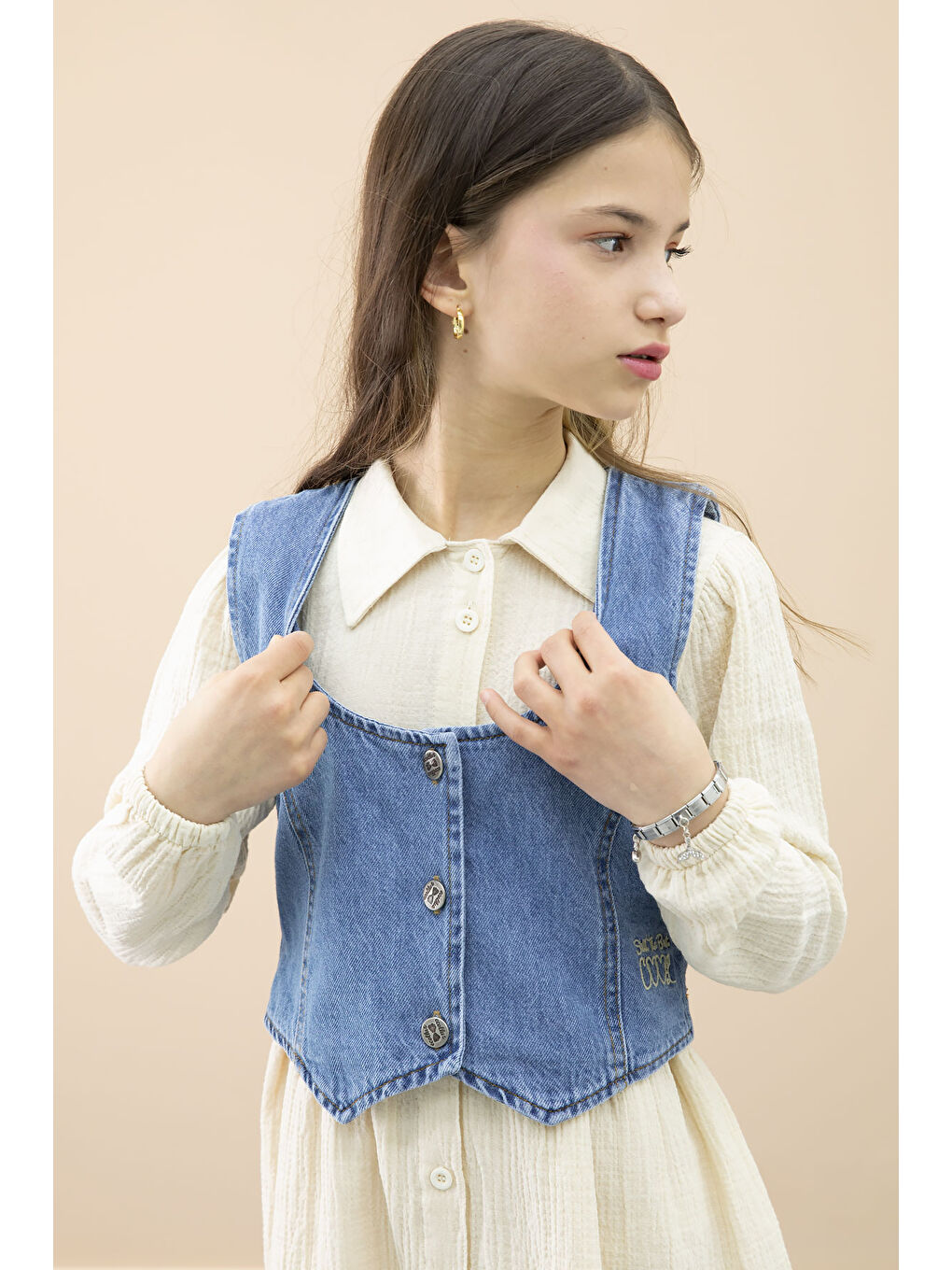 Ekru Krem Jean Yelekli Uzun Kol Kız Çocuk 2li Müslin Elbise 20668-4