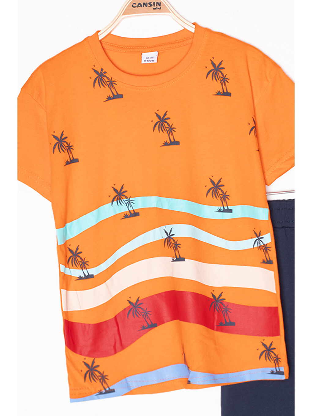 Turuncu Palmiye Desenli Bisiklet Yaka Erkek Çocuk Şortlu Takım 20624-1