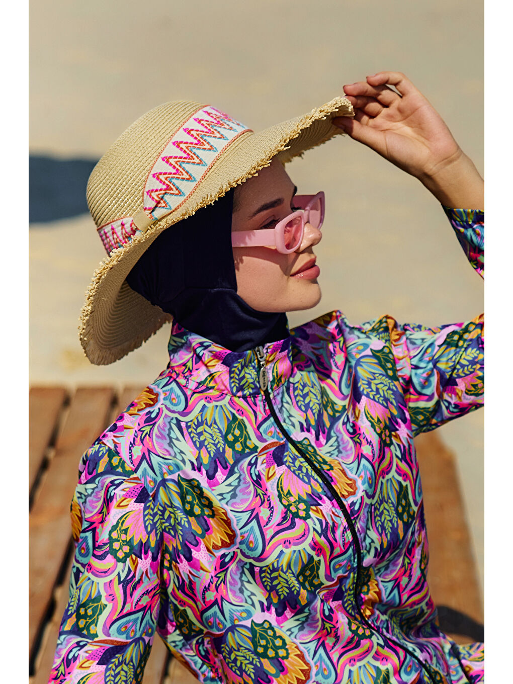 Kenarları Püsküllü Zigzag Şerit Detaylı Hasır Şapka Plaj Şapkası RŞ-2101 Bej