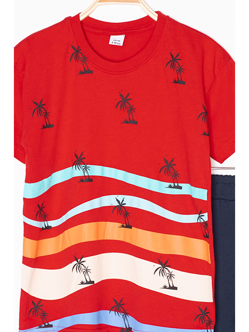 Kırmızı Palmiye Desenli Bisiklet Yaka Erkek Çocuk Şortlu Takım 20623-1