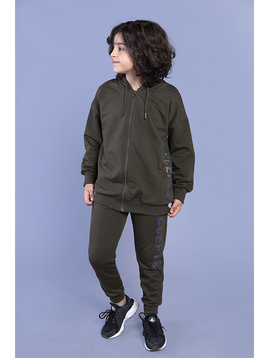 Haki Erkek Çocuk Kapüşonlu Baskılı Eşofman Takımı
