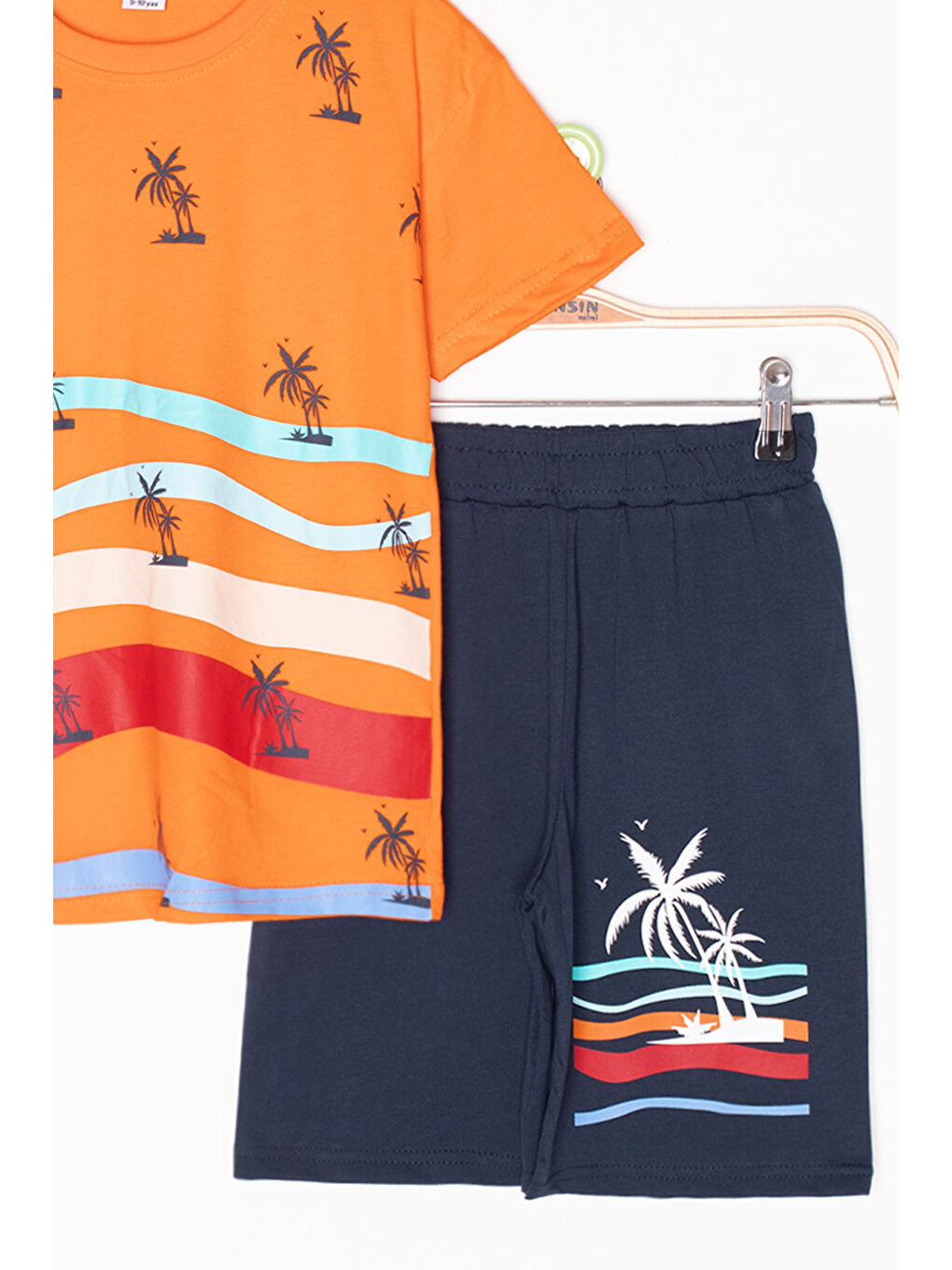 Turuncu Palmiye Desenli Bisiklet Yaka Erkek Çocuk Şortlu Takım 20624-2