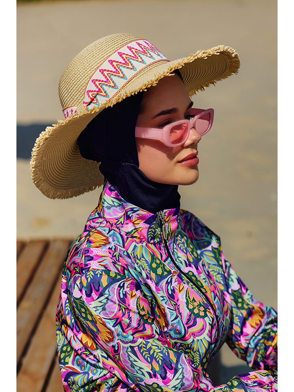 Kenarları Püsküllü Zigzag Şerit Detaylı Hasır Şapka Plaj Şapkası RŞ-2101 Bej-1