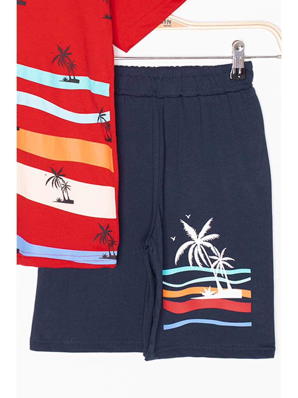 Kırmızı Palmiye Desenli Bisiklet Yaka Erkek Çocuk Şortlu Takım 20623-2