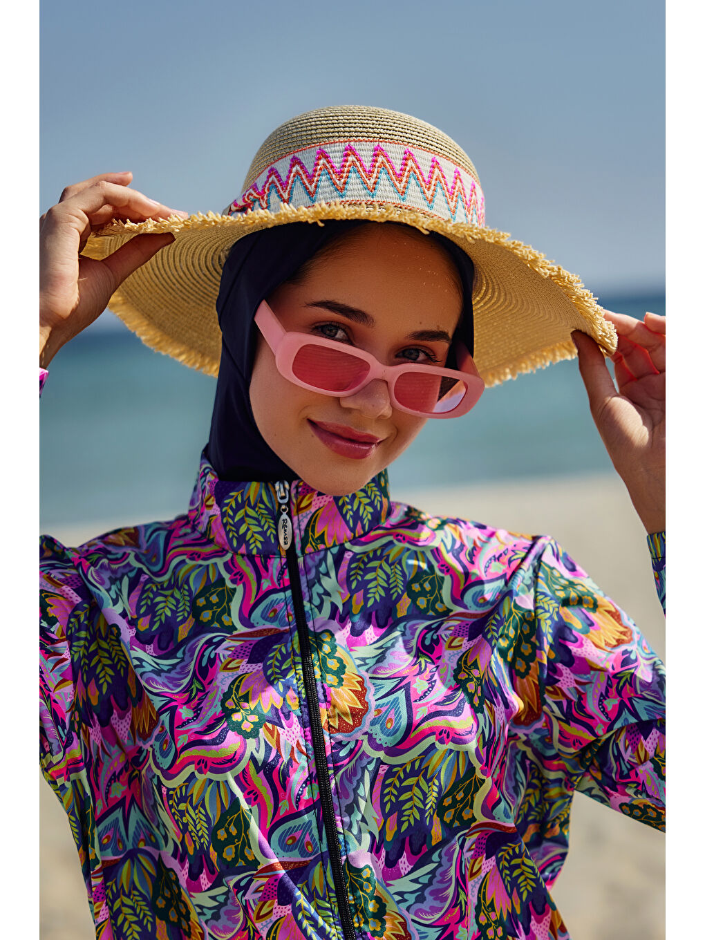 Kenarları Püsküllü Zigzag Şerit Detaylı Hasır Şapka Plaj Şapkası RŞ-2101 Bej-3