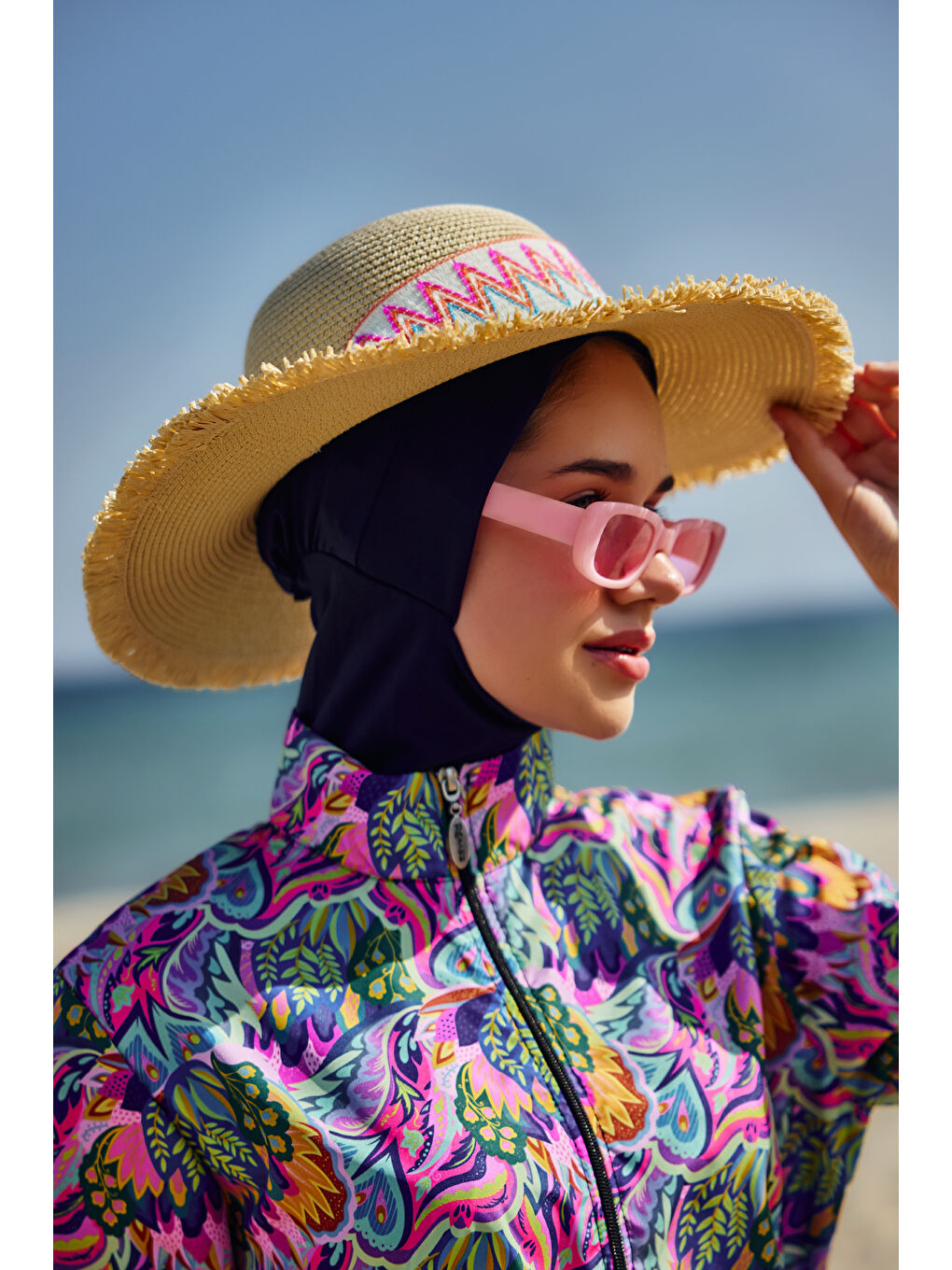 Kenarları Püsküllü Zigzag Şerit Detaylı Hasır Şapka Plaj Şapkası RŞ-2101 Bej-4