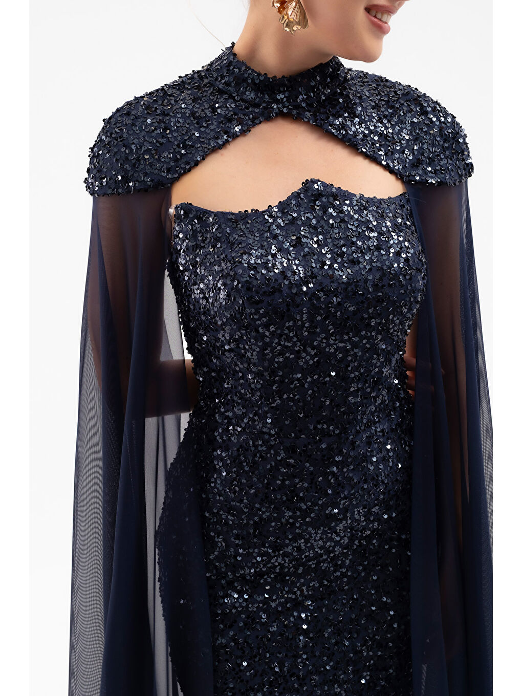 Kadın Lacivert Tül Pelerinli Straplez Uzun Pullu Abiye Elbise-4