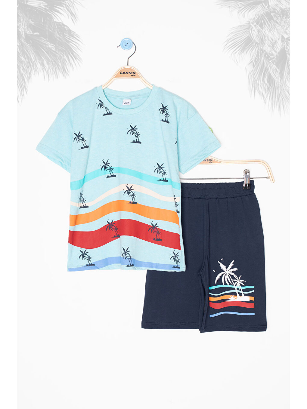 Turkuaz Palmiye Desenli Bisiklet Yaka Erkek Çocuk Şortlu Takım 20625