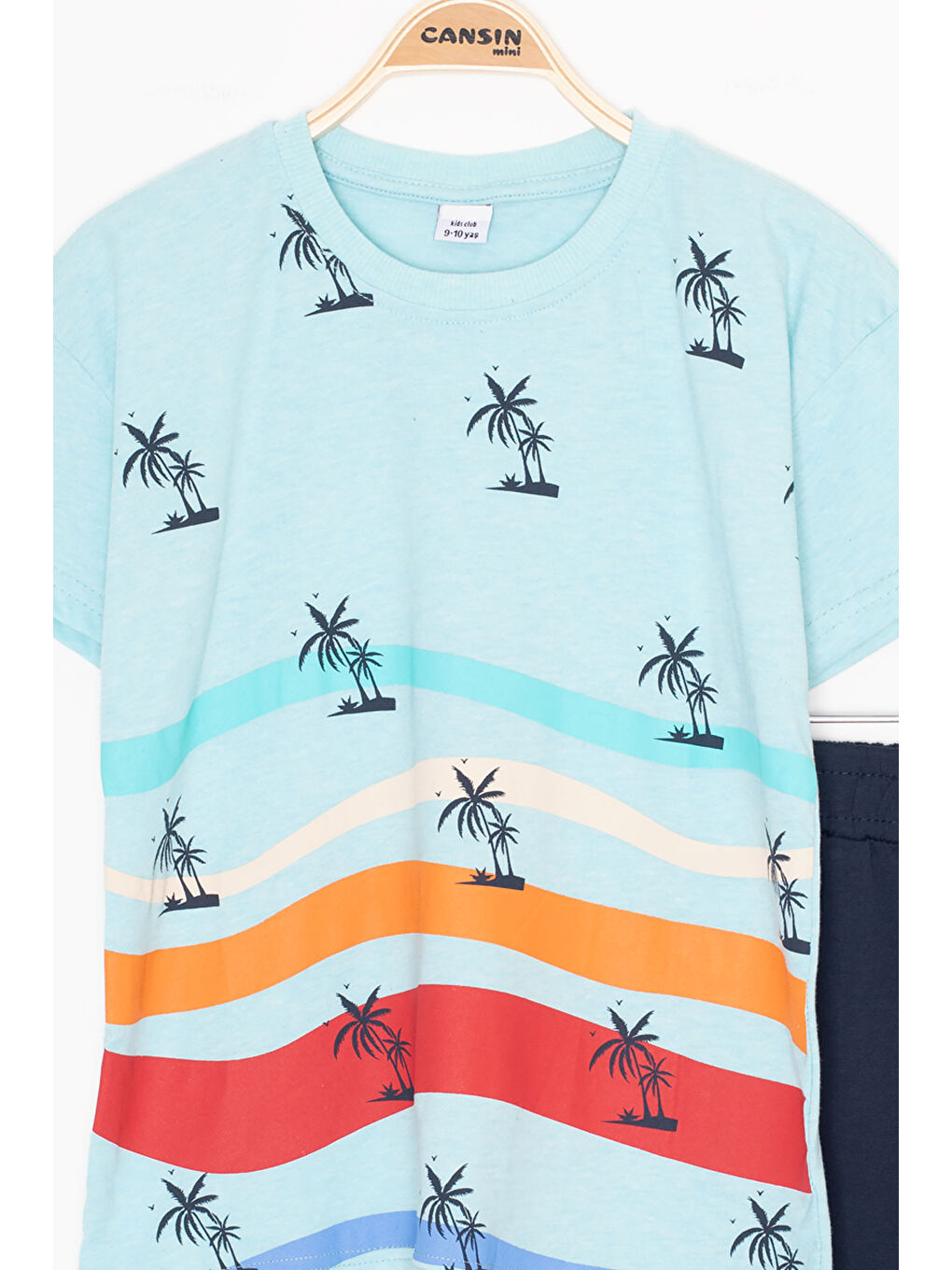 Turkuaz Palmiye Desenli Bisiklet Yaka Erkek Çocuk Şortlu Takım 20625-1