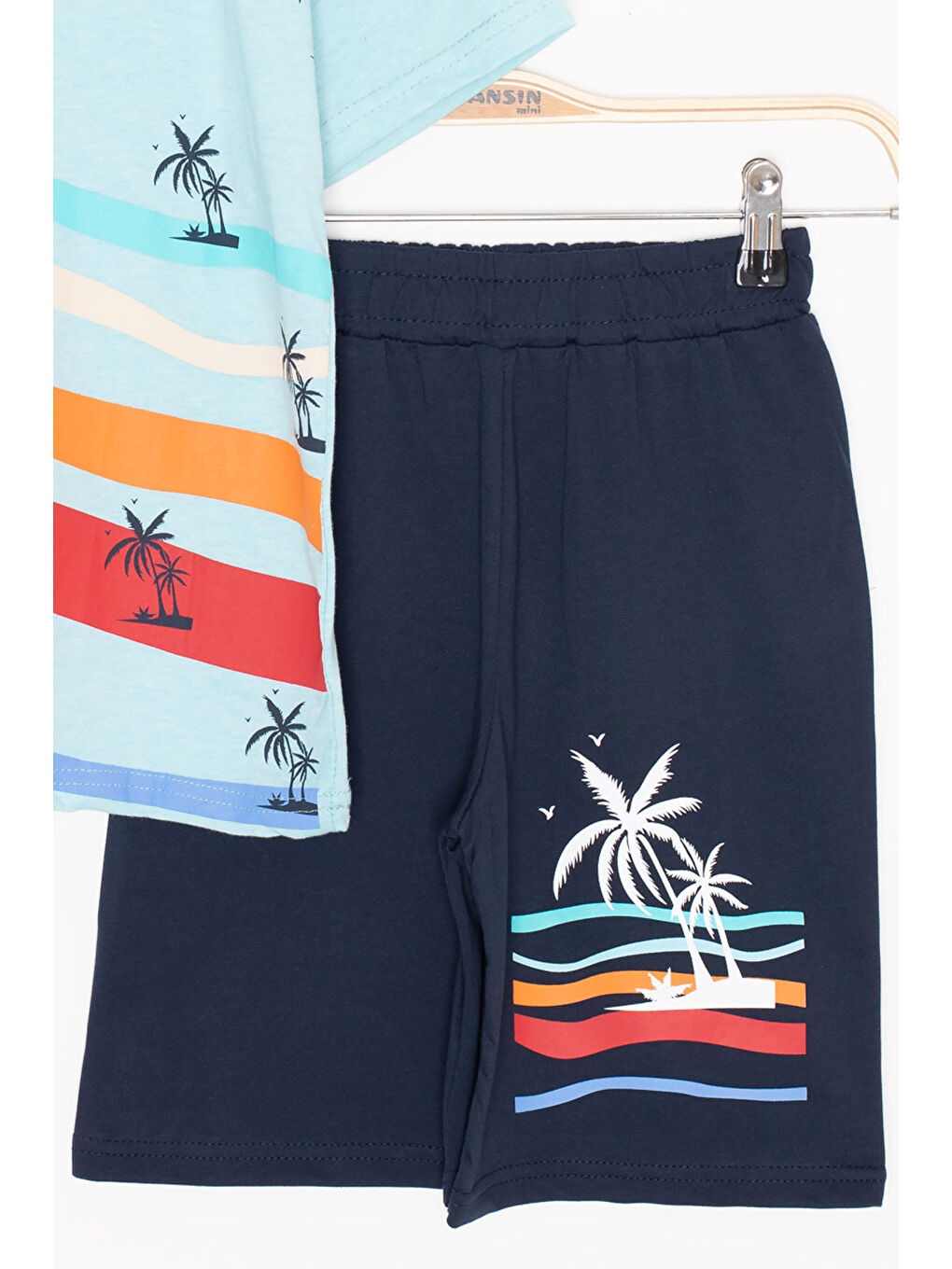 Turkuaz Palmiye Desenli Bisiklet Yaka Erkek Çocuk Şortlu Takım 20625-2