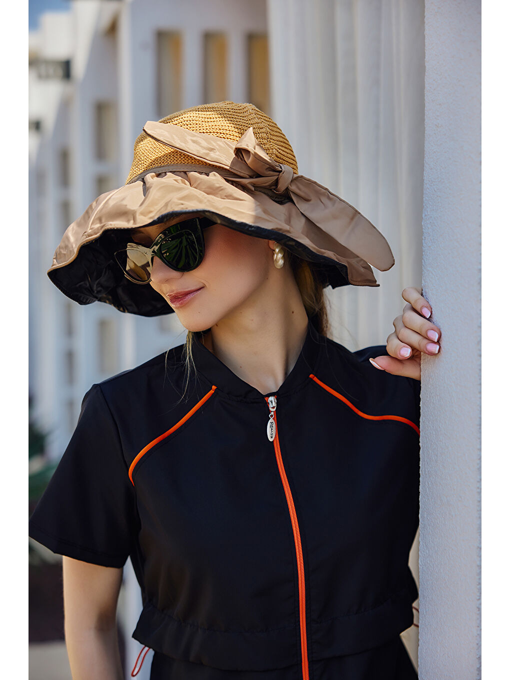 Kahverengi Örme ve Kumaş Detaylı Şapka Güneş Koruyucu Plaj Şapkası RŞ-2111 Camel01-1