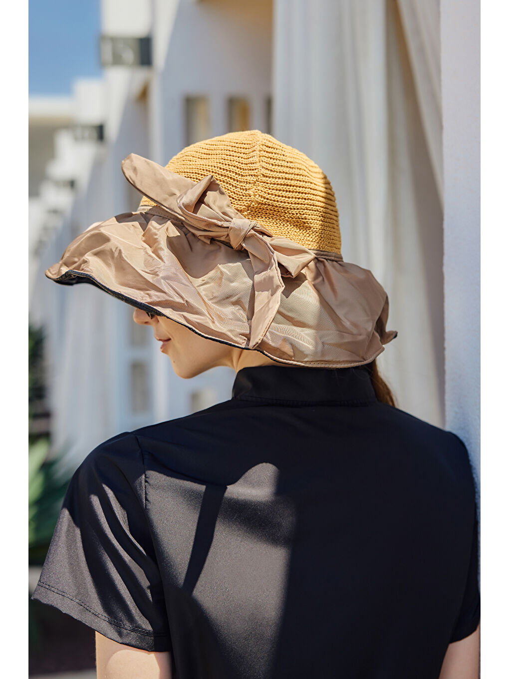 Kahverengi Örme ve Kumaş Detaylı Şapka Güneş Koruyucu Plaj Şapkası RŞ-2111 Camel01-2